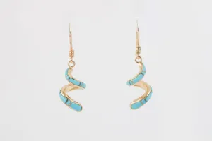 14k Yellow Gold Turquoise Inlay Spiral Dangle Earrings (6.14g.)