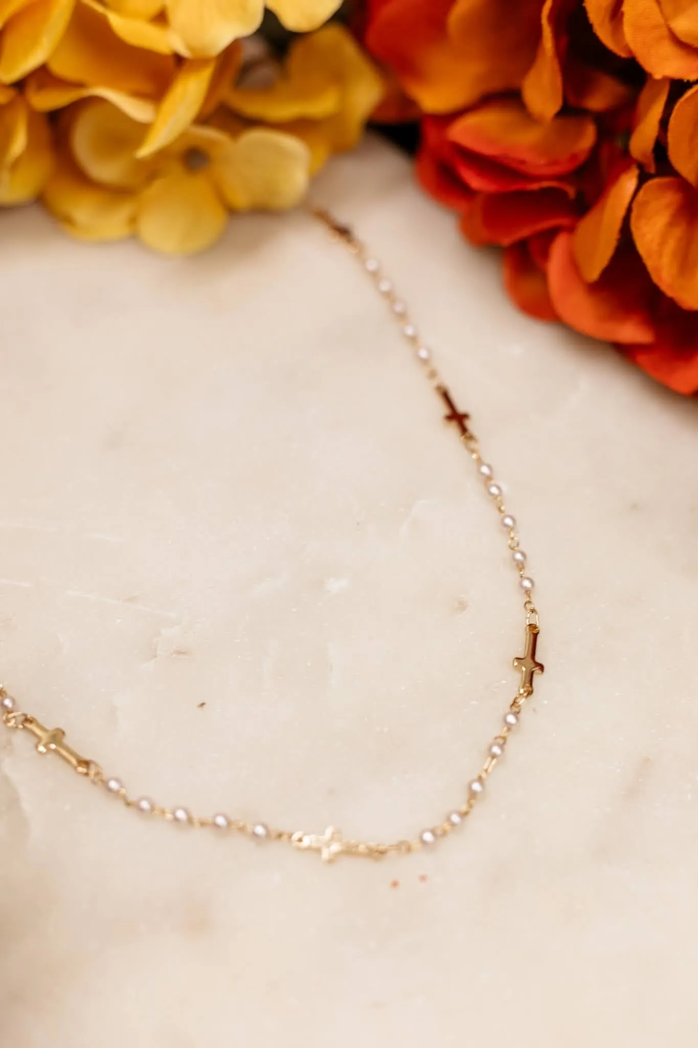 As You Find Me Cross And Pearl Necklace - Gold