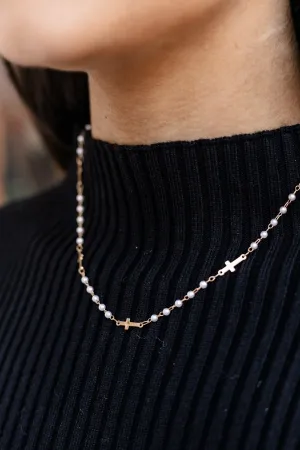 As You Find Me Cross And Pearl Necklace - Gold