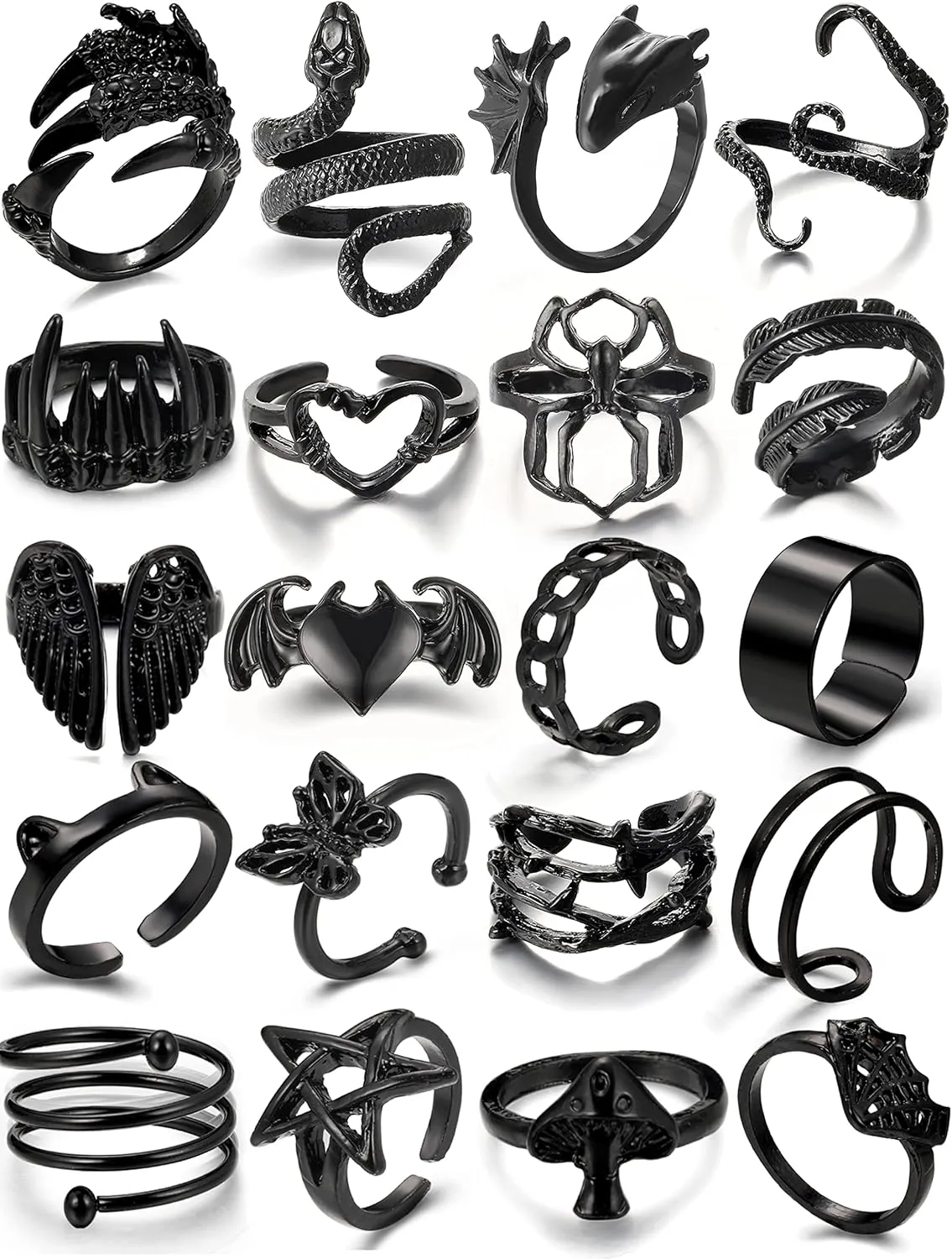 Black Gothic Vintage Rings Set - 20-30 PCS Cool Punk Jewelry with Snake, Butterfly, and Star Stacking Rings, Gift for Men, Women, Boys