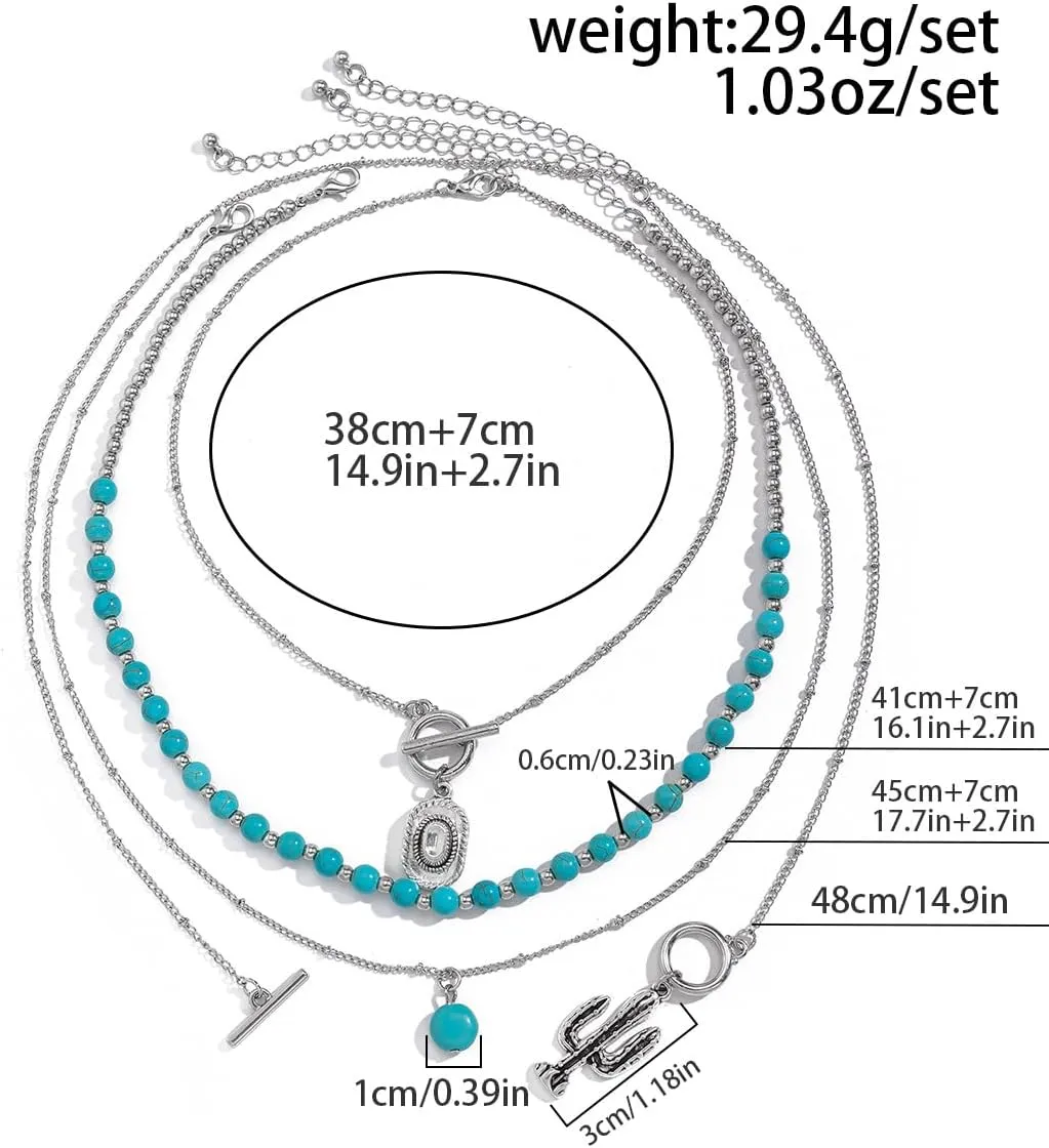 Boho Western Turquoise Beaded Choker Necklaces Vintage Turquoise Leather Collar Necklaces Layered Western Necklaces