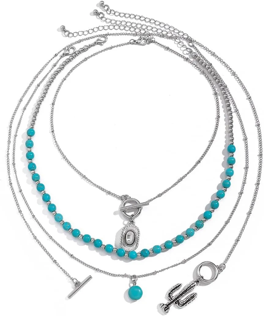 Boho Western Turquoise Beaded Choker Necklaces Vintage Turquoise Leather Collar Necklaces Layered Western Necklaces