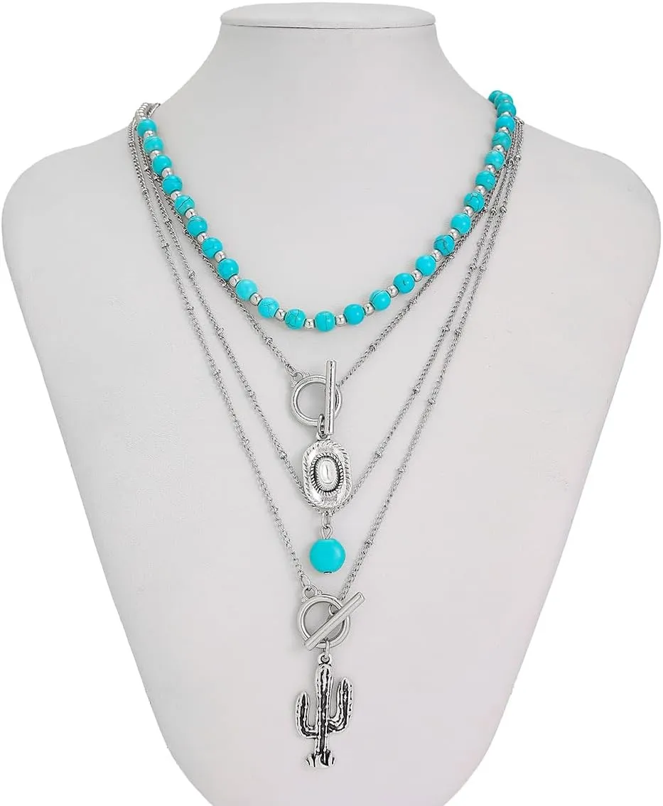 Boho Western Turquoise Beaded Choker Necklaces Vintage Turquoise Leather Collar Necklaces Layered Western Necklaces