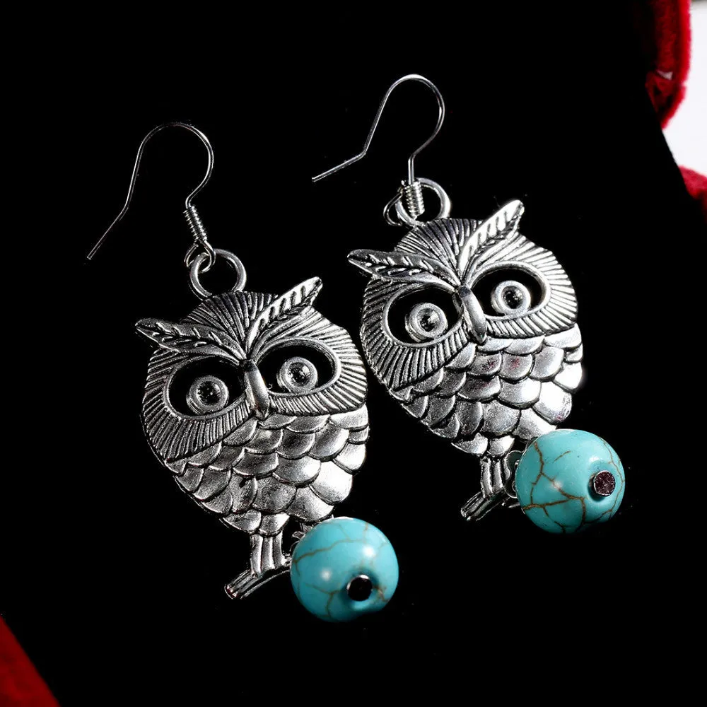 Charming Ethnic Tibetan Silver Oval Rimous Turquoise Earrings Crystal owl Drop Dangle Earring
