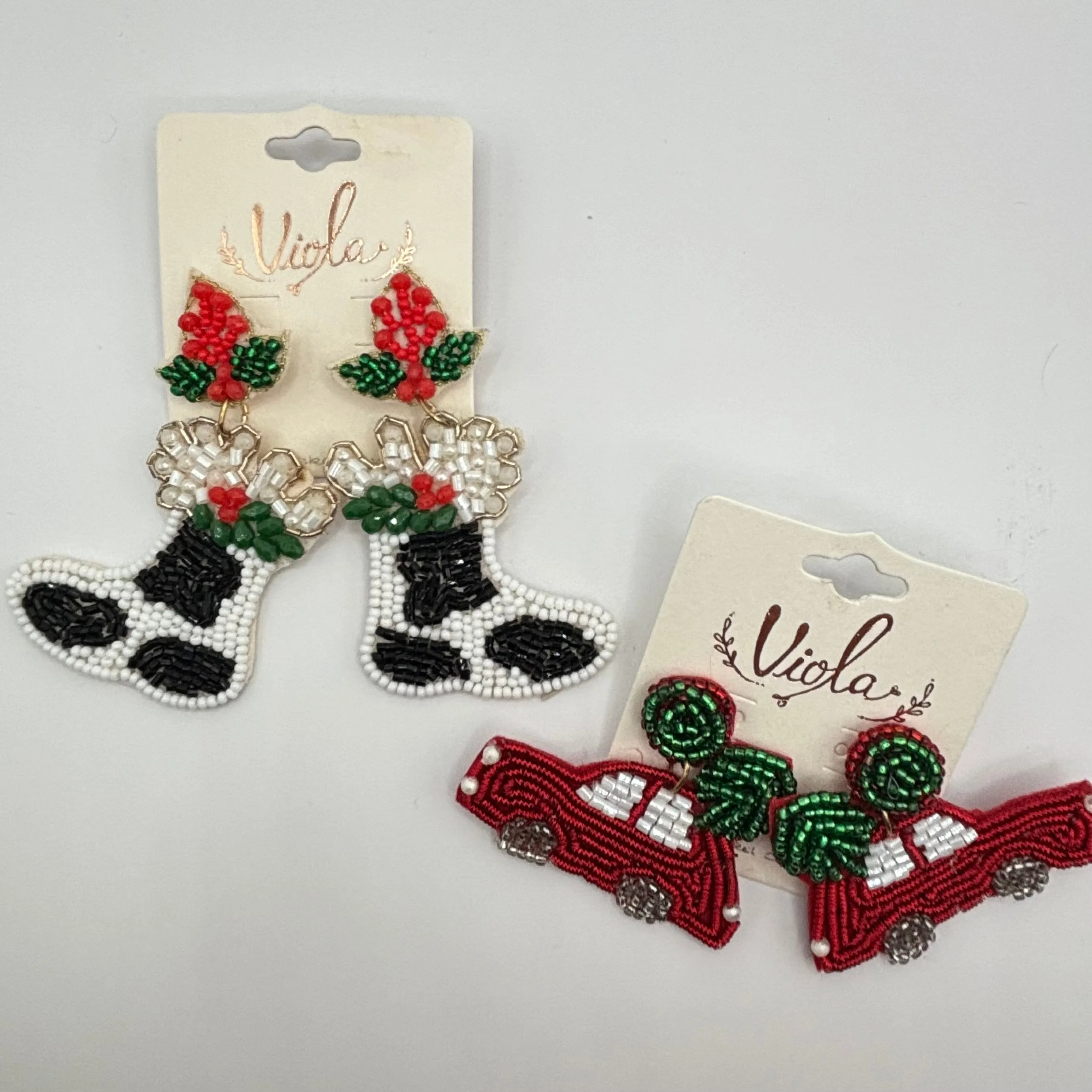 Christmas Statement Seed Bead Post Back Earrings ~Cow Print Boots  Car with Tree * Reindeer