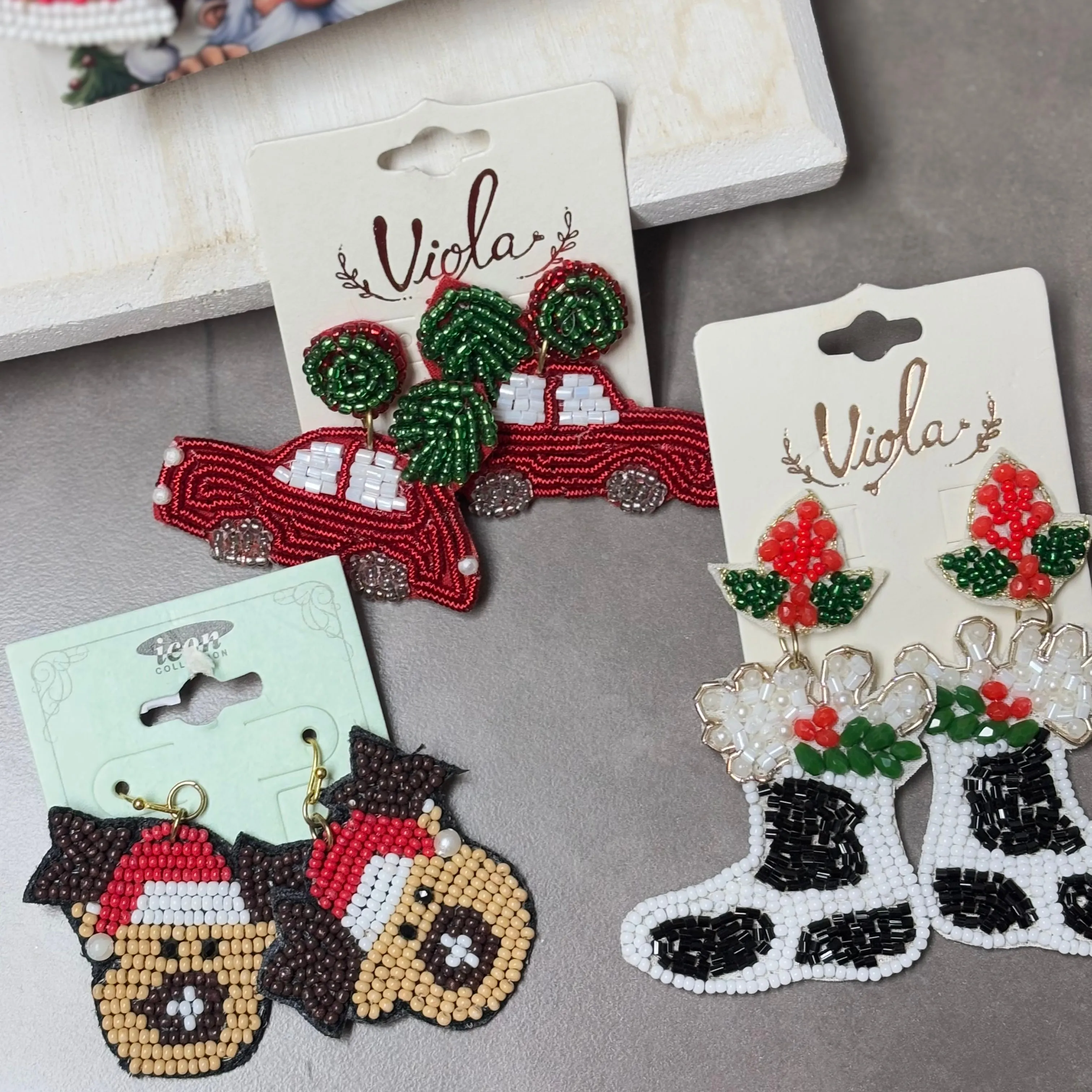 Christmas Statement Seed Bead Post Back Earrings ~Cow Print Boots  Car with Tree * Reindeer
