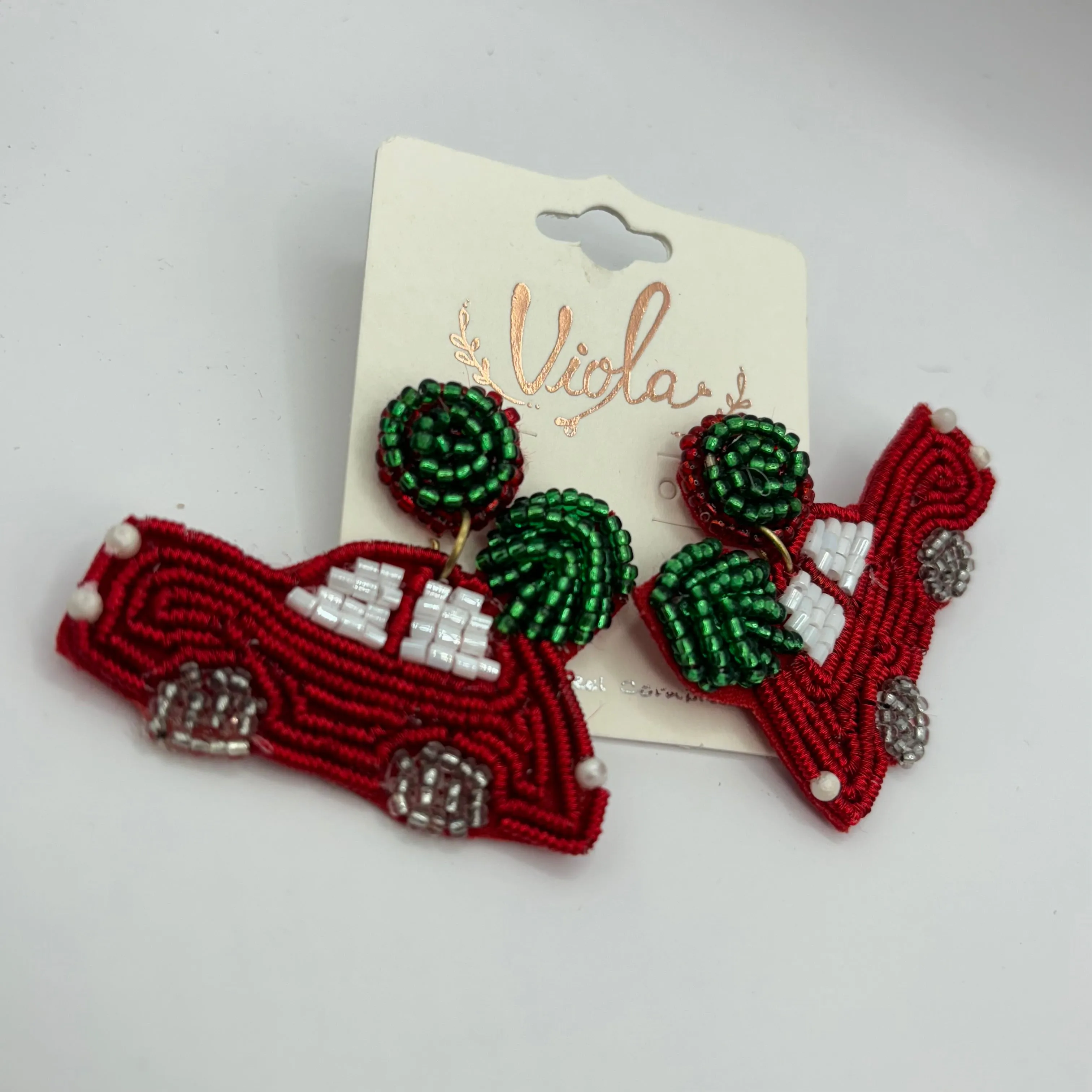 Christmas Statement Seed Bead Post Back Earrings ~Cow Print Boots  Car with Tree * Reindeer