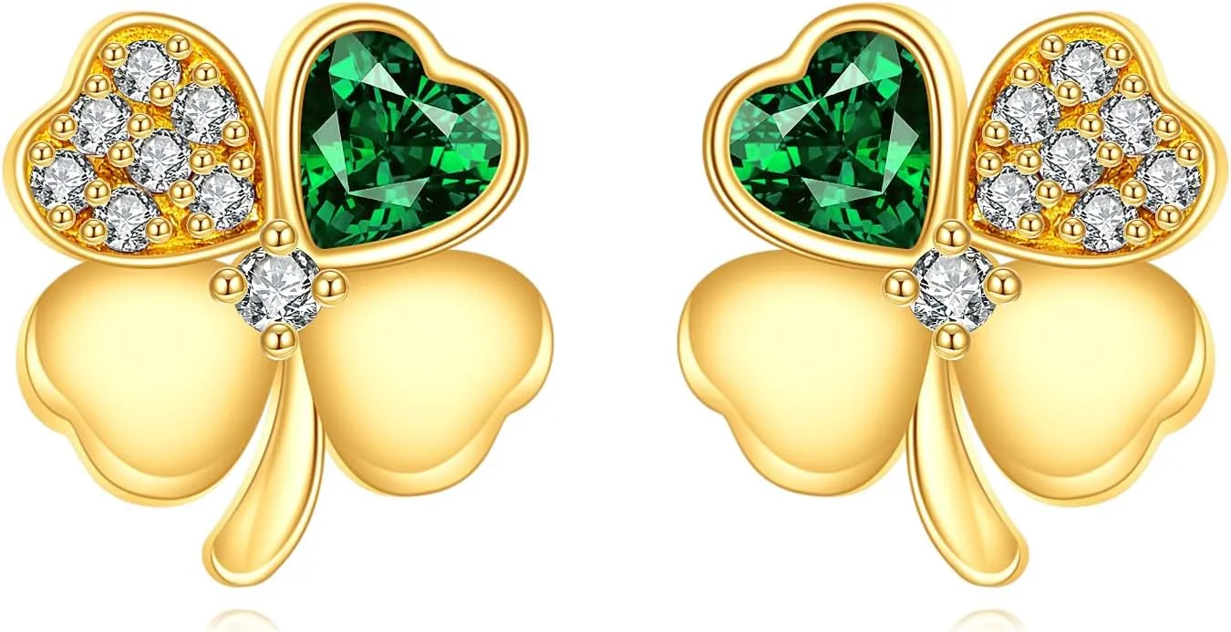 Gold Clover Stud Earrings 14K Gold Celtic Shamrock Leverback Earrings Irish Good Lucky Jewelry for Women
