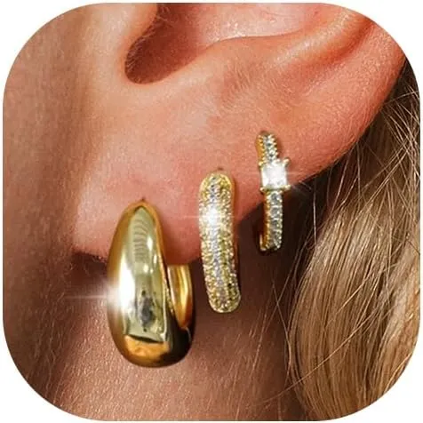 Gold Hoop Earrings Set for Women, 14K Gold Plated Lightweight Earrings Sets for Multiple Piercing, Hypoallergenic Chunky Trendy Gold Earrings for Women Jewelry