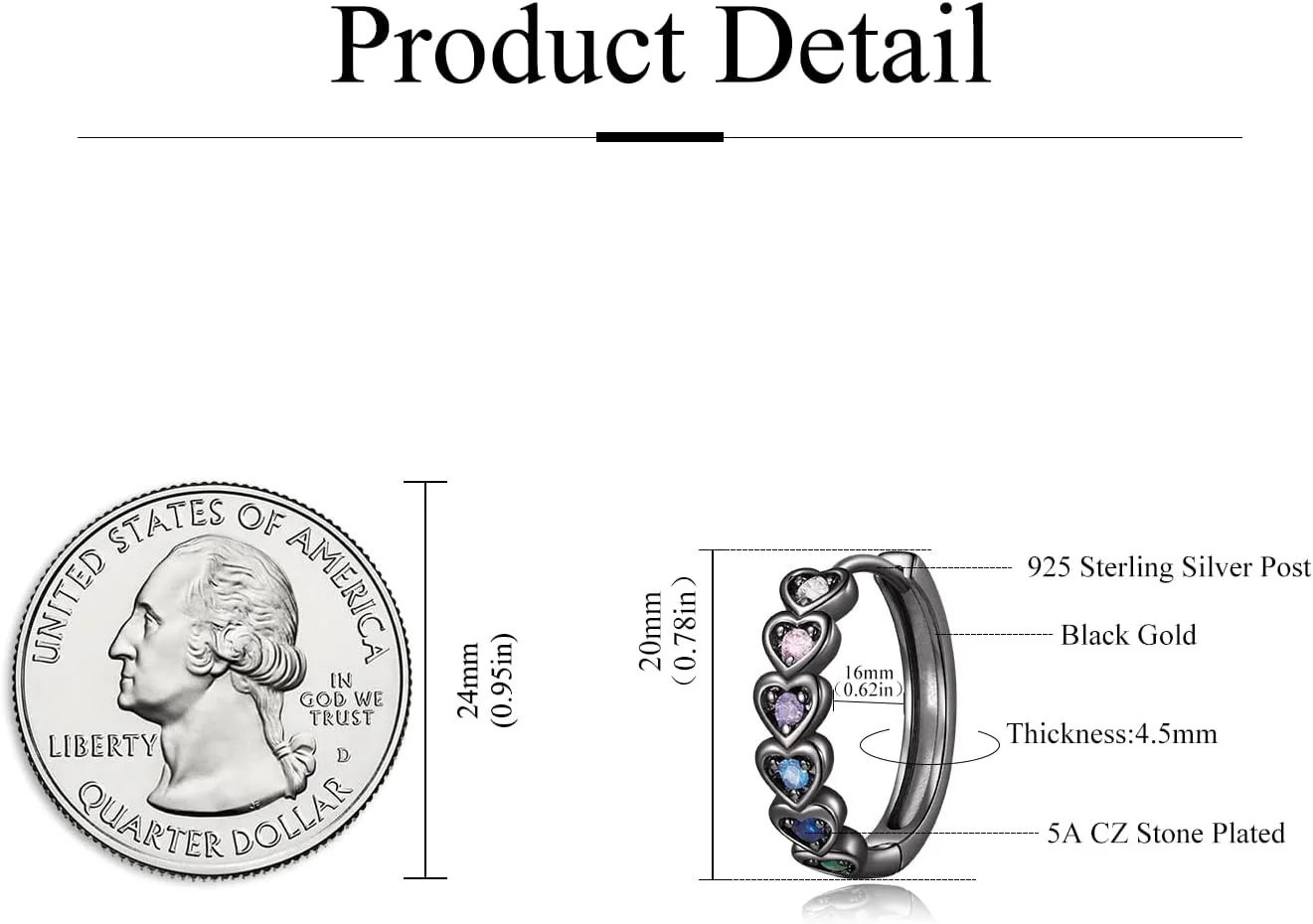 Heart Rainbow Hoop Earrings for Women 14k Gold plated Multicolor Cubic Zirconia Huggie Hoop Earrings with 925 Sterling Silver Post | 20mm