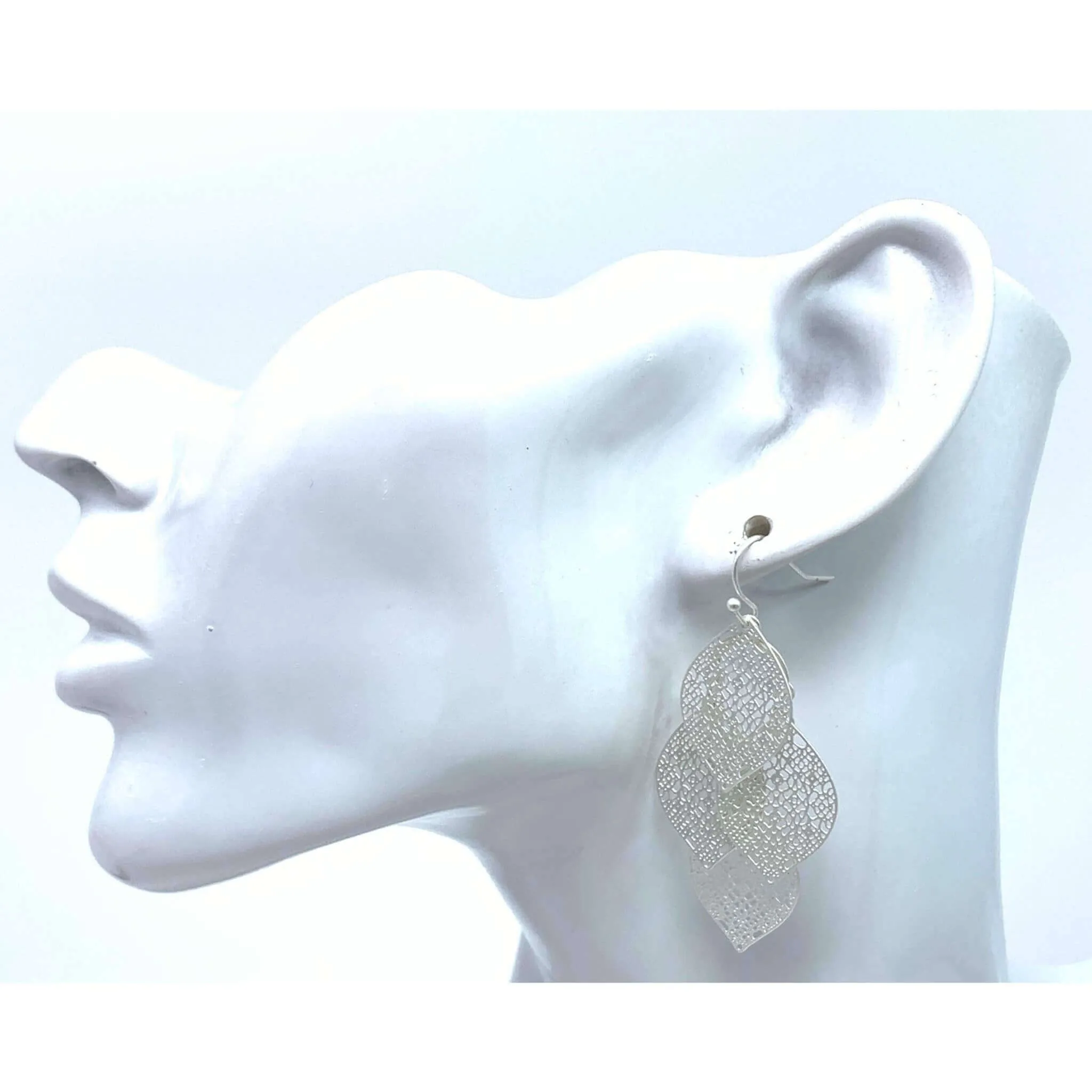 Multi-Layer Filigree Silver Leaf Chandelier Earrings