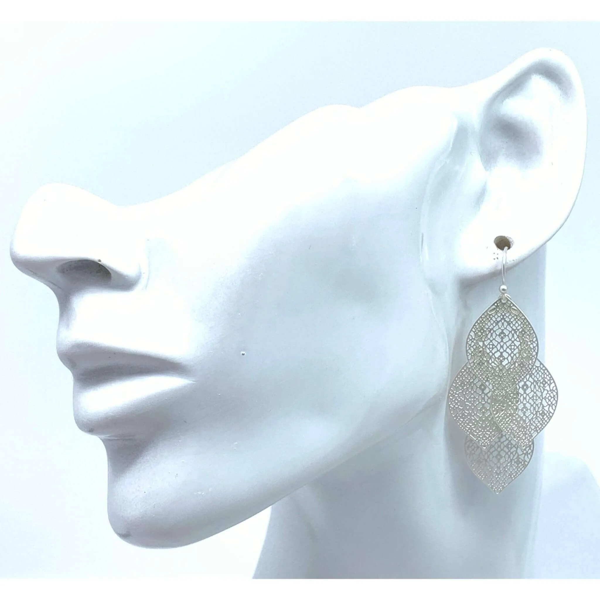 Multi-Layer Filigree Silver Leaf Chandelier Earrings