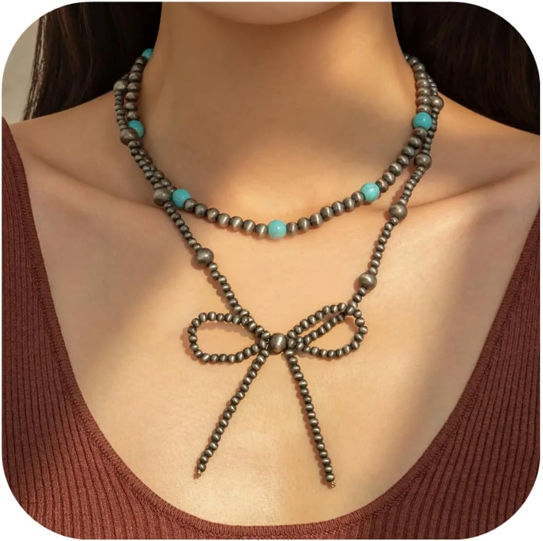 Navajo Pearl Bow Western Necklaces for Women Cowgirl Turquoise Beaded Long Necklaces Dainty Layered Bow Cute Jewelry