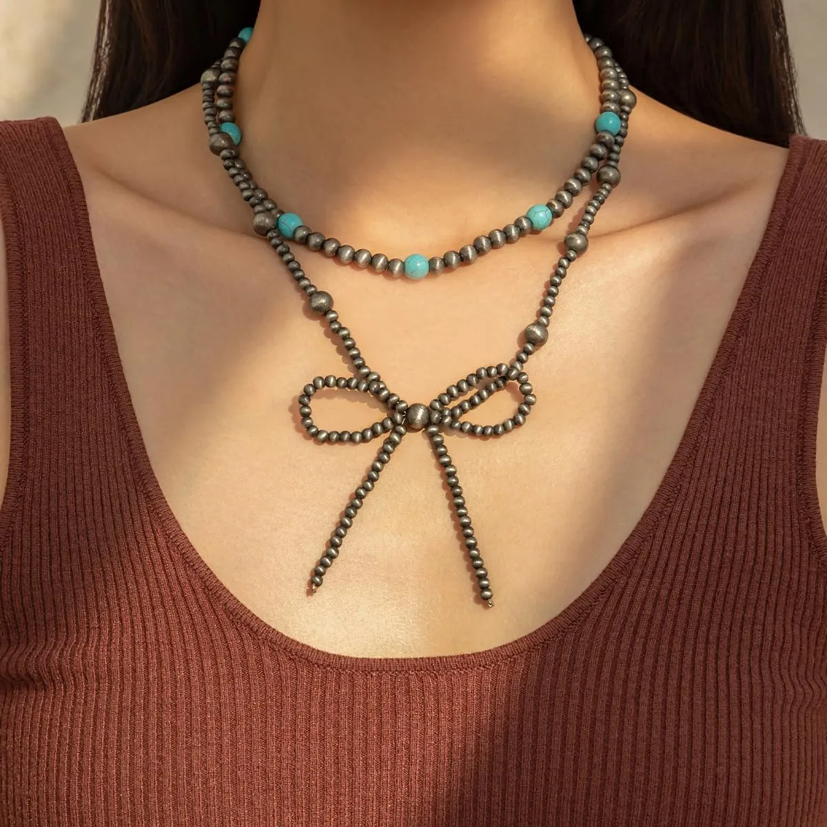 Navajo Pearl Bow Western Necklaces for Women Cowgirl Turquoise Beaded Long Necklaces Dainty Layered Bow Cute Jewelry