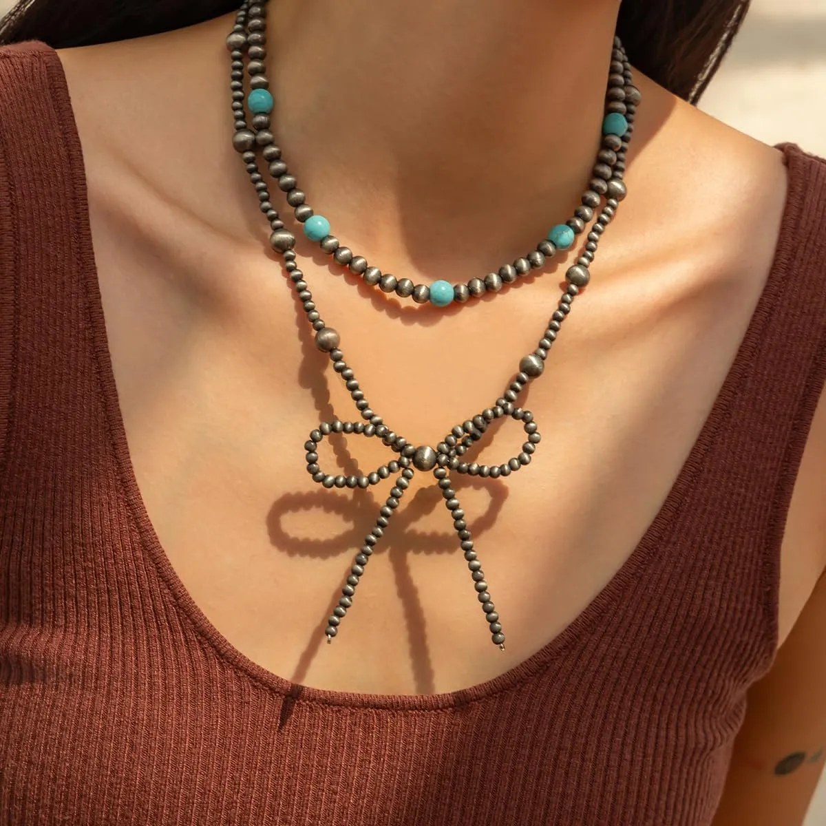 Navajo Pearl Bow Western Necklaces for Women Cowgirl Turquoise Beaded Long Necklaces Dainty Layered Bow Cute Jewelry