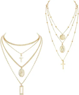 ORAZIO Cross Necklace,Layered Necklaces for Women,Dainty 14K Gold Silver Plated Cross Pendant,Crucifix Blessed Virgin Mary Pendant Necklace,Faith Religious Jewelry
