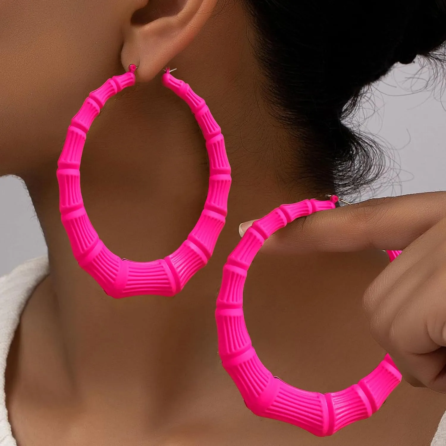 Pink Bamboo Hoop Earrings for Women 80s 90s Large Hoop Earrings Trendy 80s 90s Outfits for Women Hip Hop Jewelry